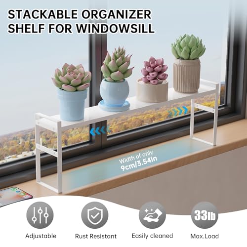 Extendable Narrow Tall Storage Shelf for Windowsill & Kitchen, White | Window Sill Plant Shelf, For Kitchen Bathroom, Stackable, Thin Shelves for Narrow Spaces, 13.8-23.6"L × 3.5"W × 7.2"H