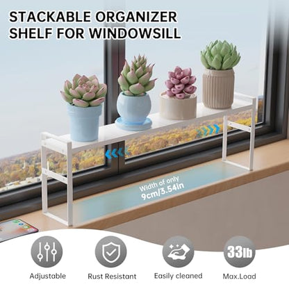 Extendable Narrow Tall Storage Shelf for Windowsill & Kitchen, White | Window Sill Plant Shelf, For Kitchen Bathroom, Stackable, Thin Shelves for Narrow Spaces, 13.8-23.6"L × 3.5"W × 7.2"H