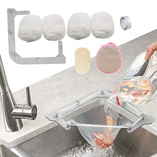 Kitchen Sink Triangle Tri-Holder Filter, Kitchen Sink Strainer, Sink Drain Strainer, with a Triangular Gray Rack and 200PCS Large Size Filtering Mesh Bags for Kitchen Leftover