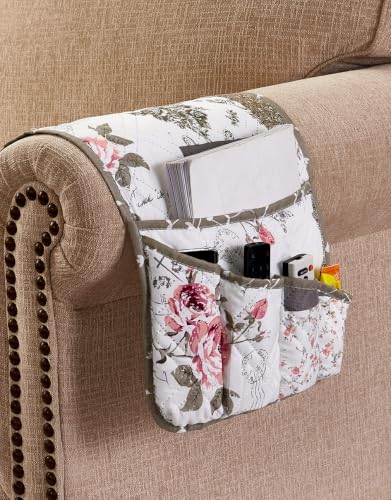 Brilliant Sunshine Patchwork Couch Armrest Organizer, Rose Grey (35"×13") | Non Slip Armchair Caddy for Sofa Recliner, Washable Remote Controls Holder, Storage for Magazine, Phone, iPad