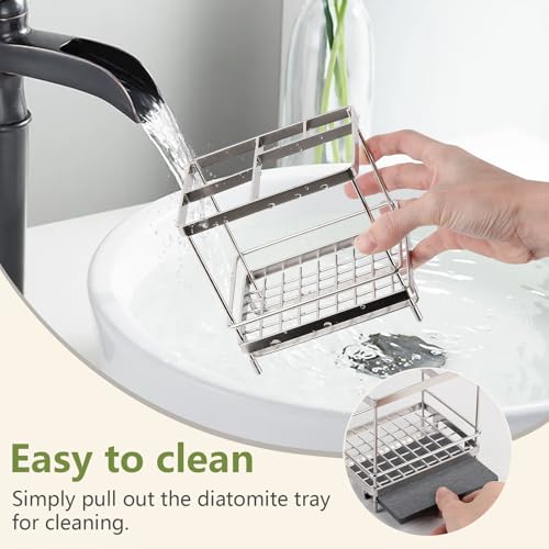 Electric Toothbrush Holders for Bathrooms Toothpaste Organizer, Sliver | Carbon Steel, Removable Diatomite Drip Tray, 5 Slots Kids Tooth Brush Holder for Countertop, Shower, Vanity