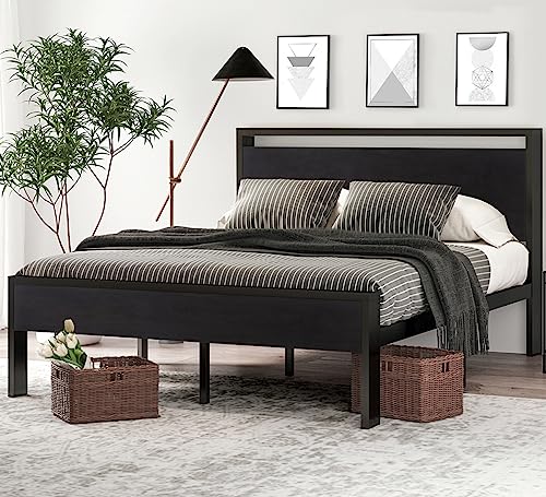 SHA CERLIN Full Size Bed Frame, Wooden Headboard and Footboard, Black Oak | Rounded Corners, 12 Metal Slats, Noise-Free Design, 12-Inch Storage, No Box Spring, 40-Minute Assembly