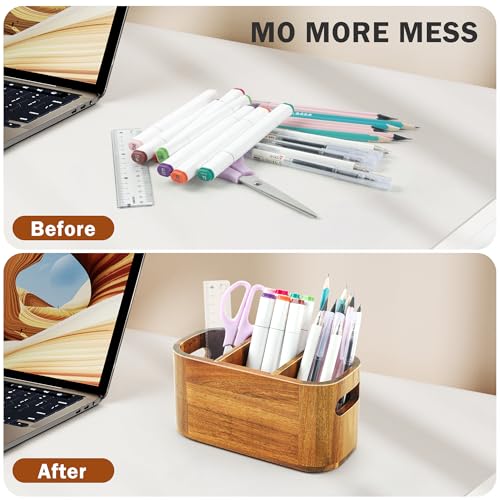 Acacia Pencil Pen Holder for Desk, Wooden Office Organizer with 3 Slots for Countertop, Makeup Brush Holder Remote Control Organizer for School Home Supplies