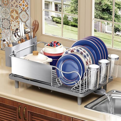 KINGRACK Stainless Steel Dish Drying Rack with Cup Holder for Counter, Grey | 16.9"L x 12.4" W Dish Rack with Spacious Drying Capacity, Quick Auto Dish Drainer for Plate Dish Dinnerware，Sliver