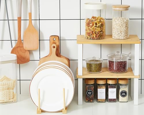 Marsui 4 Pcs Kitchen Organizer Accessories Set for Cabinet,Wooden Color | Cabinet Organizer Shelves, Bamboo Dish Drying Plate Rack, Wooden Counter Storage Holder, for Spice Dish Pot Lid Bowl Cup