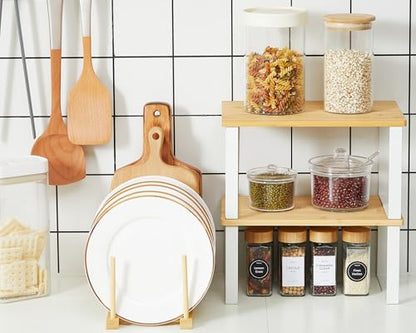 Marsui 4 Pcs Kitchen Organizer Accessories Set for Cabinet,Wooden Color | Cabinet Organizer Shelves, Bamboo Dish Drying Plate Rack, Wooden Counter Storage Holder, for Spice Dish Pot Lid Bowl Cup