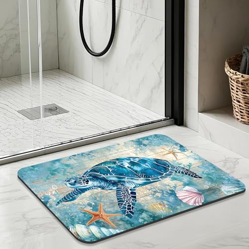Turtle Bathroom Rugs, Quick Dry Absorbent Non Slip Bath Mat 16x24 in | Rubber Backing, Machine Washable Bathroom Mat for Shower, Tub and Sink Areas with Beach Seashell Ocean Blue