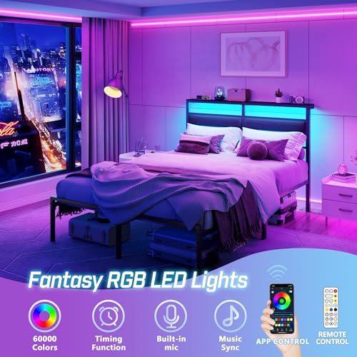 Full Size Bed Frame with LED Lights & Charging, Black Platform Bed