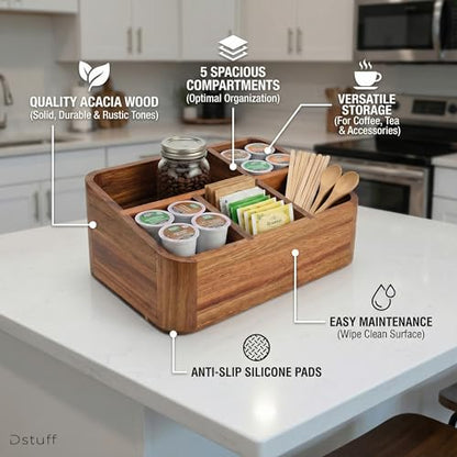 Dstuff Acacia Wood Coffee Station Organizer for Countertop, Tea Organizer and Holder, Coffee Bar Caddy with Multiple Compartments for Home and Office Decor
