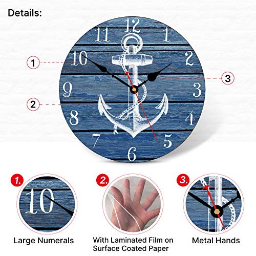 TAHEAT Nautical Anchor Beach Wall Clock, Navy Blue Bathroom Accessories and Decor, Decorative Battery Operated Vintage Clocks for Living Room/Kitchen/Home/Lake House, 12 Inch