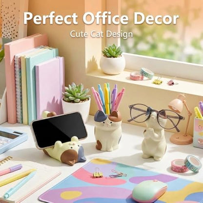 3 PS Cat Shaped Phone Holder and Eyeglass Frame with Pen Holder, Animal Resin Gift for cat Enthusiasts, Home and Office Fashion Accessories-White