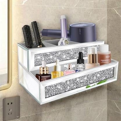 Mirror Hair Dryer Holder Upgrade Crystal Crush Diamond Hair Tool Organizer Wall Mount. Silver Bathroom Cabinet Tray for Blow Dryers, Hairdryer Straightener, Makeup,Brushes .(10.5”x7”x5”)