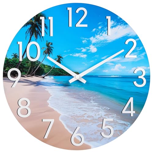 JoFomp Beach Outdoor Clocks for Patio, Large Outdoor Clocks Waterproof 14 Inch with Glass, Outdoor Wall Clocks Battery Operated, Pool Clock Outdoor Weatherproof, Outside Clock for Backyard/Garden