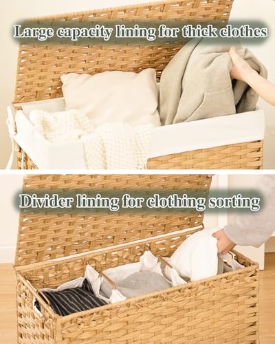 SETVSON Laundry Hamper with Lid Laundry Basket 132 L PE Rattan Natural | Decorative PE Rattan Furniture Look for Bedroom, Large Sorting Hamper with Lid, 4 Liners, 6 Mesh Bags, Steel Frame