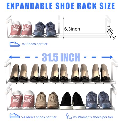 CroBlissful 2 Pcs Expandable Shoe Rack Organizer for Closet 16.5-31.5 Inch Adjustable Retractable Hanging Cabinet Shoe Shelf Dorm Room Storage for Space Saving (White)