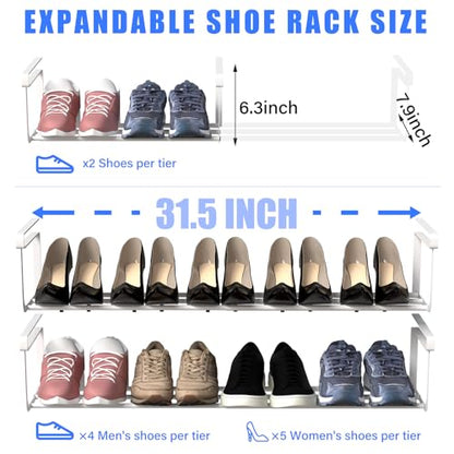 CroBlissful 2 Pcs Expandable Shoe Rack Organizer for Closet 16.5-31.5 Inch Adjustable Retractable Hanging Cabinet Shoe Shelf Dorm Room Storage for Space Saving (White)
