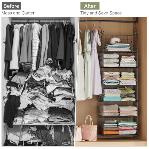 Hanging Closet Organizer and Storage - 8 Tier Closet Hanging Organizer Shelves, Metal & Foldable Hanging Storage Organizer Baskets with Adjustable Dividers for Clothing Sweaters Shoes Handbags
