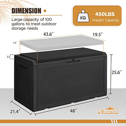 Devoko 100 Gallon Resin Waterproof Outdoor Storage Box with Cushion | Large Resin Deck Box Indoor Lockable Storage Container for Patio Furniture Garden Pool Cushions
