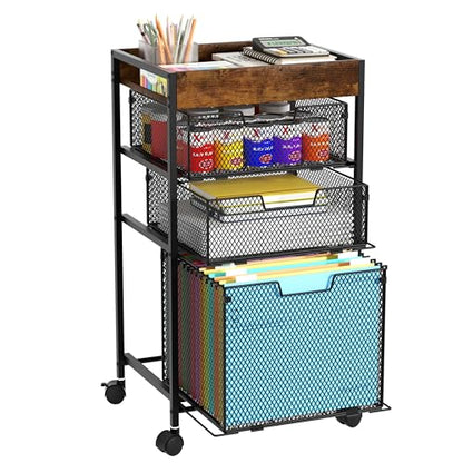 SWTYMIKI Rolling File Cart with Drawers - 4 Tier Under Desk Storage Craft Rolling Organizer Cart - Office Storage &Organization, Mobile Metal Filing Cabinet for Office and Home Espresso