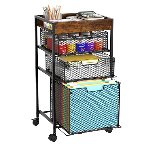 SWTYMIKI Rolling File Cart with Drawers - 4 Tier Under Desk Storage Craft Rolling Organizer Cart - Office Storage &Organization, Mobile Metal Filing Cabinet for Office and Home Espresso