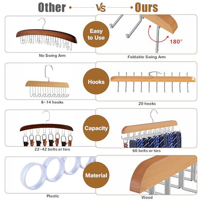 Tie Rack Hanger for Closet, 2 in 1 Belt Tie Hangers with 20 Folding Hooks, 360 Degree Rotating Wooden Tie Holder Organizer for Men Ties Belts Scarves Tank Tops Accessories, Wood (2 Pack)