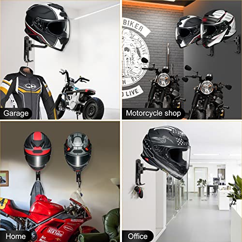 Motorcycle Helmet Holder (2 Pack) Wall Mount for Football /Bicycle Helmet | Helmet Hanger 180° Rotation Helmet Rack with Double Hook for Helmet, Hat, Cap, Sportswear, Motorcycle Accessories