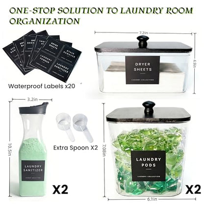 3+2 Pack Laundry Pods Containers & Dryer Sheet Holder & Laundry Detergent Dispenser, Laundry Room Organization and Storage Jars with Lids, Labels and Scoops for Scent Booster, Powder, Pods