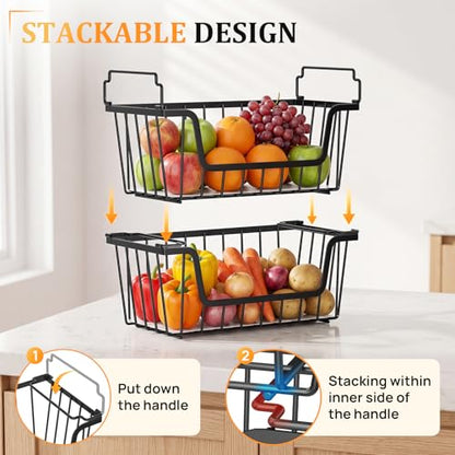 SUNALLY Stackable Storage Bins 4 Pcs Wire Baskets Freezer Organizer, Black | Pantry Organizers Storage, Vegetable Fruit Storage Basket for Countertop, Kitchen Baskets for Onion Potato Snack Cans Storage