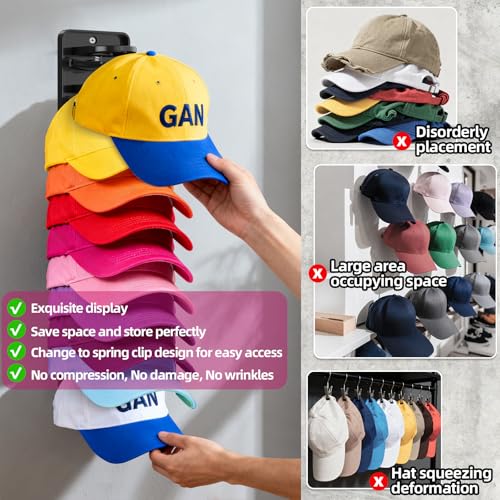 2 Pack Wall Mounted Hat Rack, Hat Organizer for Baseball Caps & Display | Unique Spring Clip Design, Keeps 20 Hats,Ideal for Wall & Closet & Shelf Hanging, Hat Organize & Storage for Men and Women