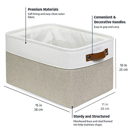 OrganiHaus 15x11in Canvas Storage Baskets 3 Pack - Fabric Bins for Shelves | Vegan leather handles; a decorative closet organizer for clothes, shoes, or toys; bedroom container
