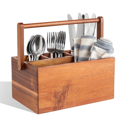 Acacia Wood Utensil Caddy with Handle, Wooden Silv... (Wood | Acacia Wood)
