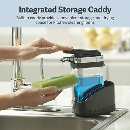 Casabella Sink Sider Solo Kitchen Soap Pump and Sponge Caddy, Black/Chrome - 2-in-1 Soap and Sponge Caddy, One-Hand Soap Dispensing, Ergonomic Design, Easy to Refill and Clean, Efficient Size
