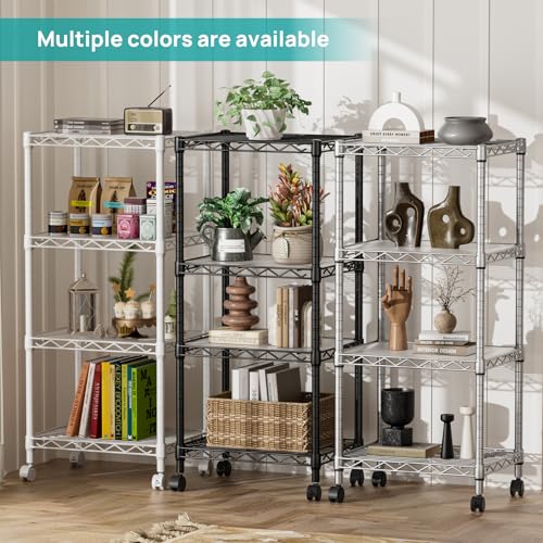 4 Small Shelves Storage Shelf Wire Shelving Unit Metal Shelf Adjustable Organizers Storage Shelving with Wheels for Bathroom Laundry Room Kitchen Pantry11.5”D x 17.3”W x 44.5”H Black