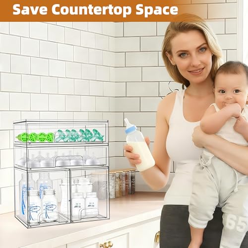 Baby Bottle Organizer, 4 Pack Stackable Storage Drawers with Labels, Clear Station Organizers Container for Pacifiers, Pump Parts, Desk Organizer Bins for Bathroom, Cabinet, Pantry, Vanity, Countertop