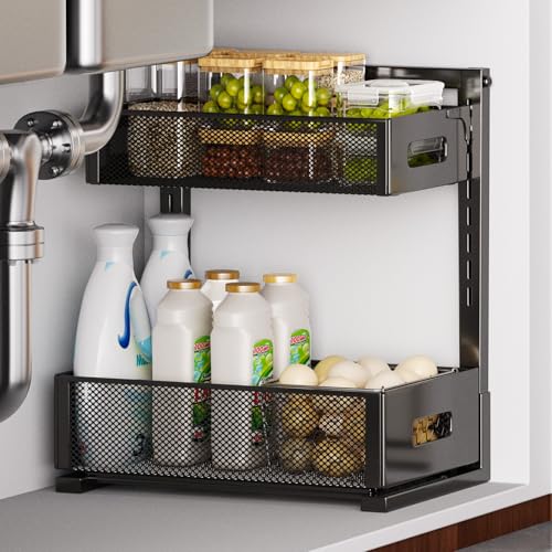 Under Sink Organizer for Bathroom & Kitchen, Under... (Dark Black | Alloy Steel)