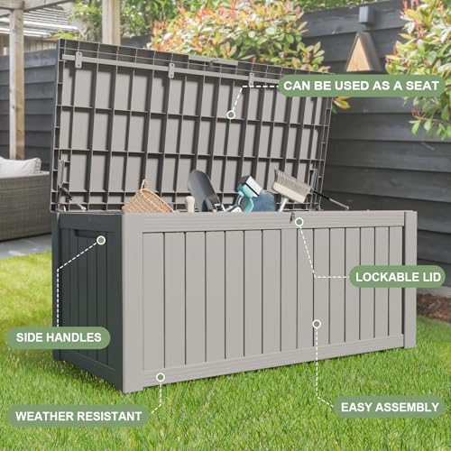 160 Gallon Deck Box, Heavy-Duty Double-Wall Outdoor Storage Box Waterproof for Patio Furniture Cushions & Garden Tools, Lockable Resin Storage Bench with Piston Hinge, Gray