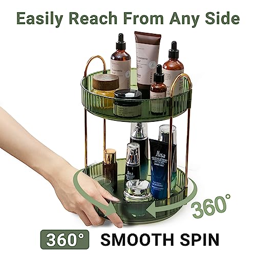 360 Rotating Makeup Organizer for Vanity,2 Tier Large Capacity Skincare Organizers,Bathroom Counter Organizer, Spinning Perfume Organizer & Vanity Organizer (Green-2 Tier)