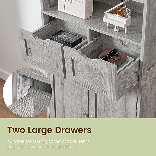 Iwell Storage Cabinet with 2 Drawers & Adjustable Shelf, Tall Bathroom Cabinet with Doors, Cupboard, Kitchen Cabinets for Living Room, Dining Room, Entryway, Grey
