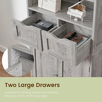Iwell Storage Cabinet with 2 Drawers & Adjustable Shelf, Tall Bathroom Cabinet with Doors, Cupboard, Kitchen Cabinets for Living Room, Dining Room, Entryway, Grey