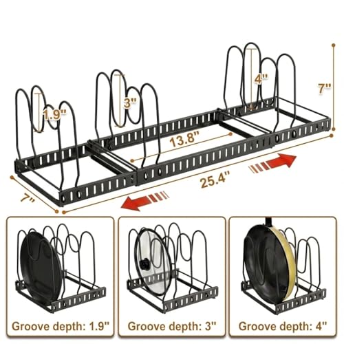 Pot and Pan Organizer Rack for Cabinet, 3 Expandable Pot Lid Organizer Holder with 12 Adjustable Compartment for Kitchen Cutting Board, Pan Lid, Cabinet Cookware Baking