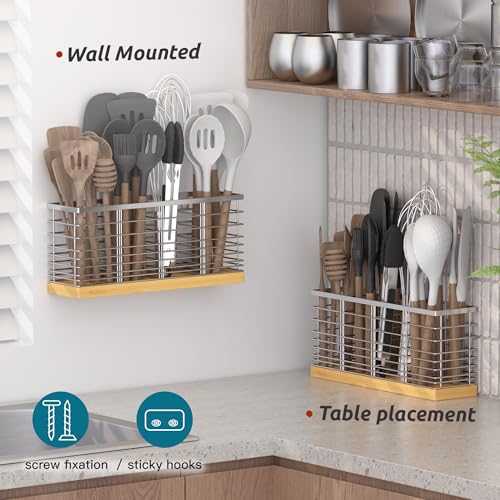 Extra Large Kitchen Utensil Holder Countertop with... (Silvery | Metal, Wood)