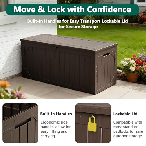 Outdoor Storage Box, 98 Gallon Deck Box, Outdoor Storage Bench, Waterproof Resin Storage Bench with Lockable Lid, Patio Furniture Cushions & Garden Tools Storage, UV Resistant (Brown)