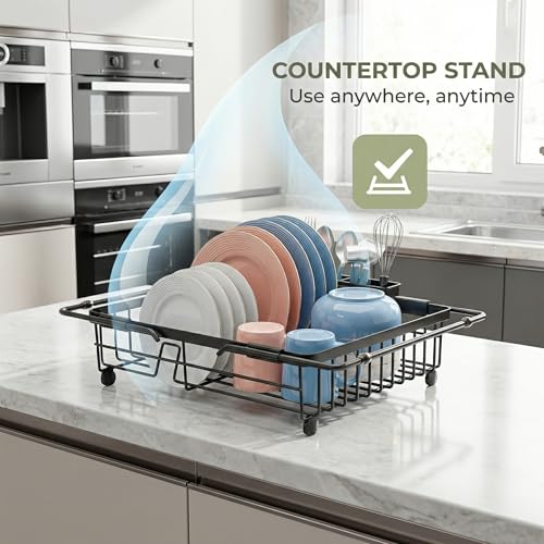 Expandable in Sink Dish Drying Rack - Adjustable Capacity Over The Sink Dish Drainer Drying Rack with Utensil Holder for Kitchen Counter, Drying Rack for Small Space,14.96“L x 11.81“W x 3.74”D