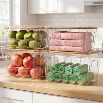Plastic Trash Bag Dispenser with Lids, Stackable, 4Pack, 2XL+2S | Clear Trash Bag Organizer for Kitchen, Laundry Room, Under Sink Organization and Storage