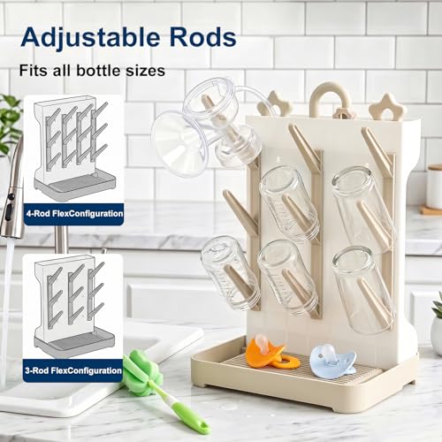 GoMaihe Baby Bottle Drying Rack: Space Saving Vertical Bottle Dryer Holder - Baby Accessories Storage Stand Organize Brushes Pacifiers on Countertop - BPA-Free - Beige