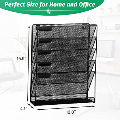 Desk File Organizer Mesh 6-Tier, Hanging Wall Mount Document Organization Stand, Desktop Vertical Mail Paper Folder Holder Rack with Bottom Tray for Office Home Cubicle Countertop, Black