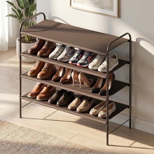 Simple Houseware 4-Tier Shoe Rack Storage Organizer, 12-20 Pair, Bronze | Space-Saving Shoe Shelf with Sturdy Metal Frame and Non-Woven Fabric Shelves for Entryway, Garage & Corridor