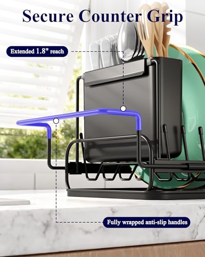 Kitsure Expandable Dish Rack for Kitchen Counter, Medium, Black | Over Sink Or In Sink Dish Drying Rack, Dish Drainer with Cutlery Holder & Drip Tray, 14.0"-20.9"L x 6.3"W x 8.0"H