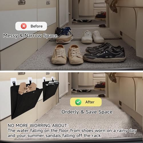 PUGPIU Wall Mounted Camper RV Shoe Rack Hanging Organizer Storage Foldable | Self-Adhesive Rv Shoe Holder - Space Saving for Camper Essential Home Travel with Deep Pocket Fit 1 Pair Shoes Black, 4 Pack