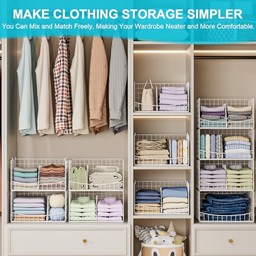 4-Tier Closet Organizers and Storage Basket with Divider, Foldable Closet Shelf Organizer System, Space-Saving Clothes Storage Drawer Organizer Bins for Wardrobe Cupboard, White